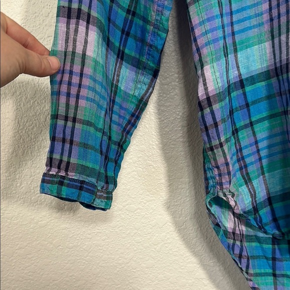 Linen L.L. Bean Plaid V-Neck Women's Top S Petite - Picture 6 of 7